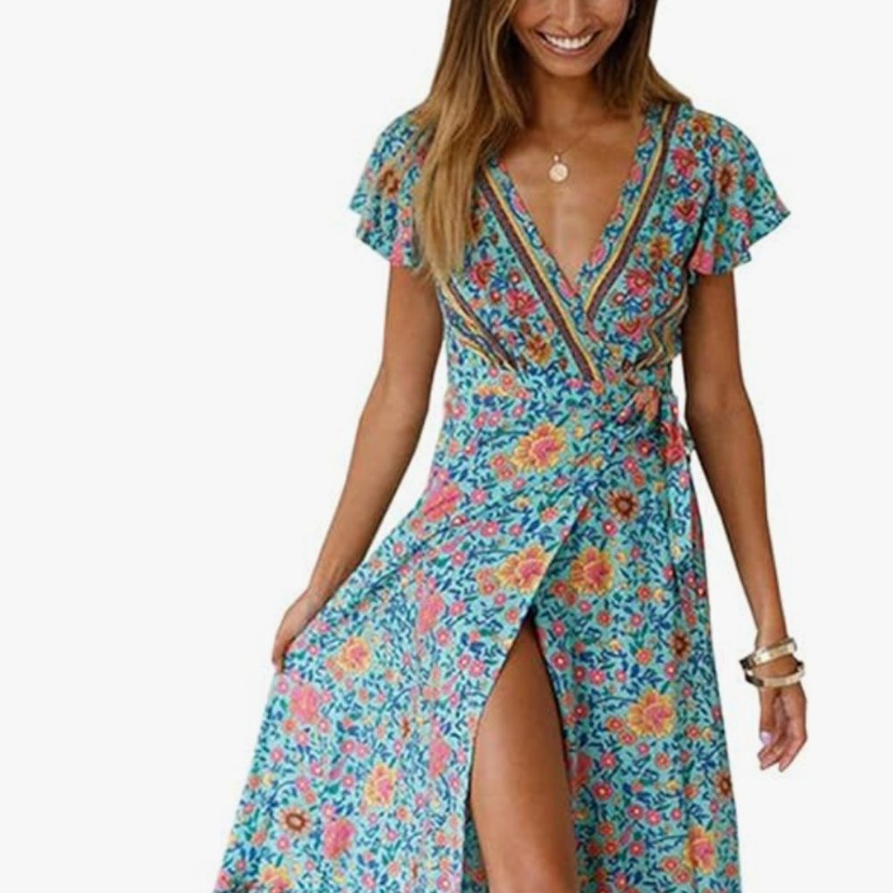 PRETTYGARDEN Women Boho Summer Side Split Deep V Neck Maxi Dress L(Jr.)